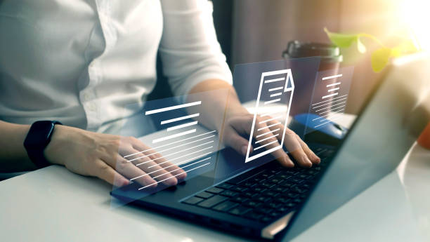 businesswoman working on laptop with virtual screen process