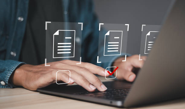 document management concept businessman using laptop with on