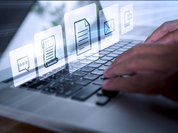 hands man useing laptop computer with e commerce technology