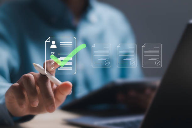 hr manager use laptop to checking resume for employee recrui