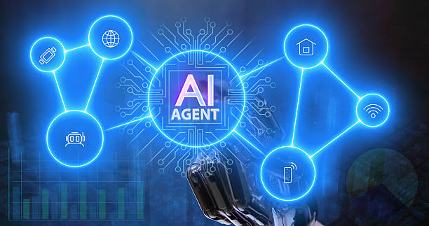 Futuristic AI Agent Network Concept with Robot Hand and Glowing Icons
