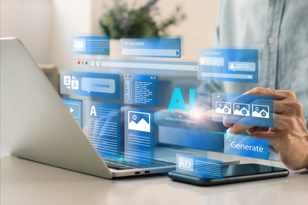 artificial intelligence content generator a man uses a laptop to interact with ai assistant2114984318