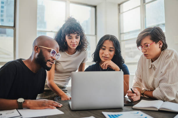 creative startup and team webinar on laptop for professional internet communication in office1430393066