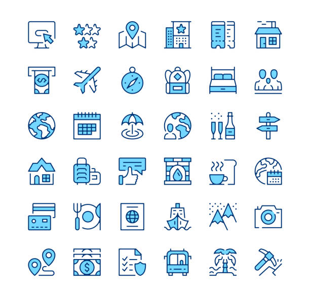 Travel icons. Outline symbols. Vector blue line icons set