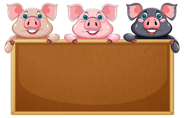 Three cartoon pigs with a wooden sign