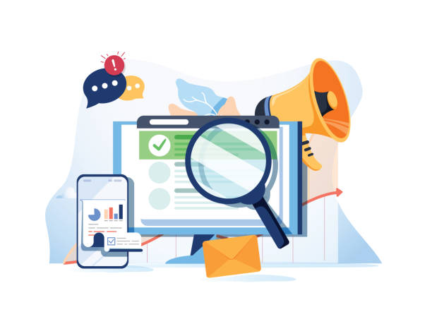 search result optimization seo marketing analytics flat vector banner with icons seo1053519140